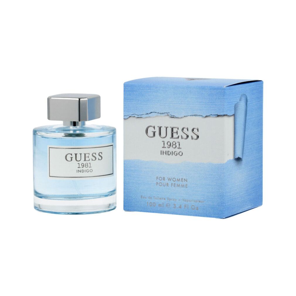 Hellblaues Parfümflakon und blaue Schachtel. Aufschrift "GUESS 1981 INDIGO".