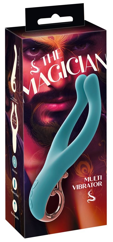 Verpackung mit Wellness-Produkt. Text: The Magician, Multi Vibrator. Produkt in Türkis.