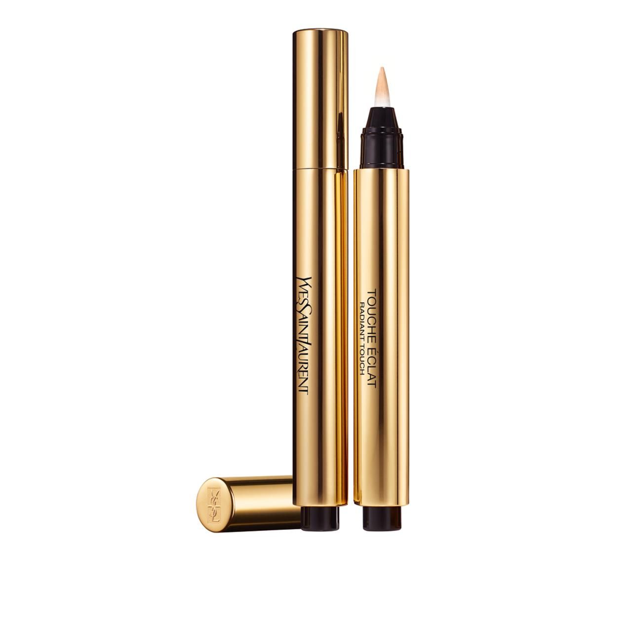 Goldfarbener Stift mit schwarzer Spitze. Aufschrift: Yves Saint Laurent, Touche Éclat. Deckel liegt daneben.
