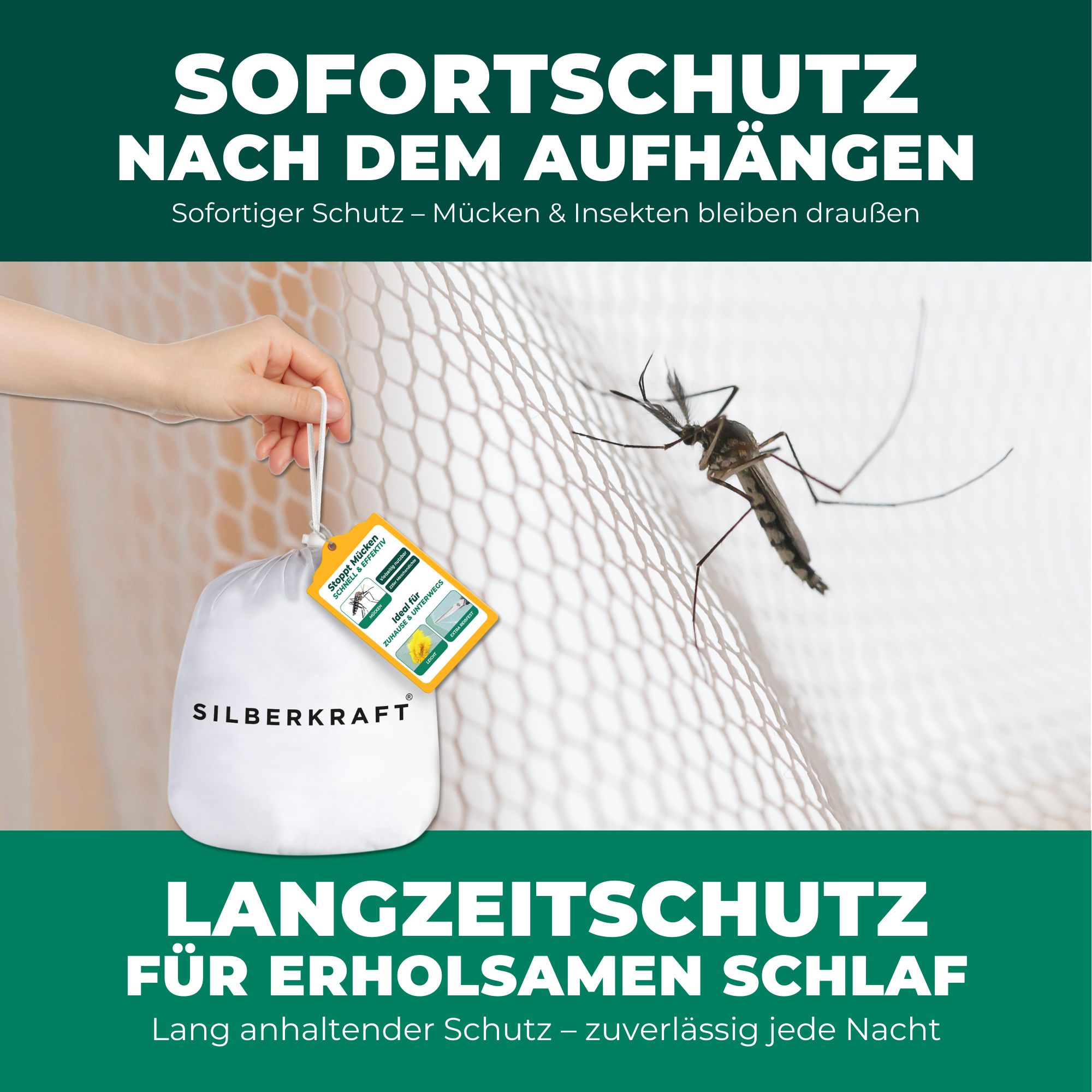 SILBERKRAFT Moskitonetz mit Klebehaken