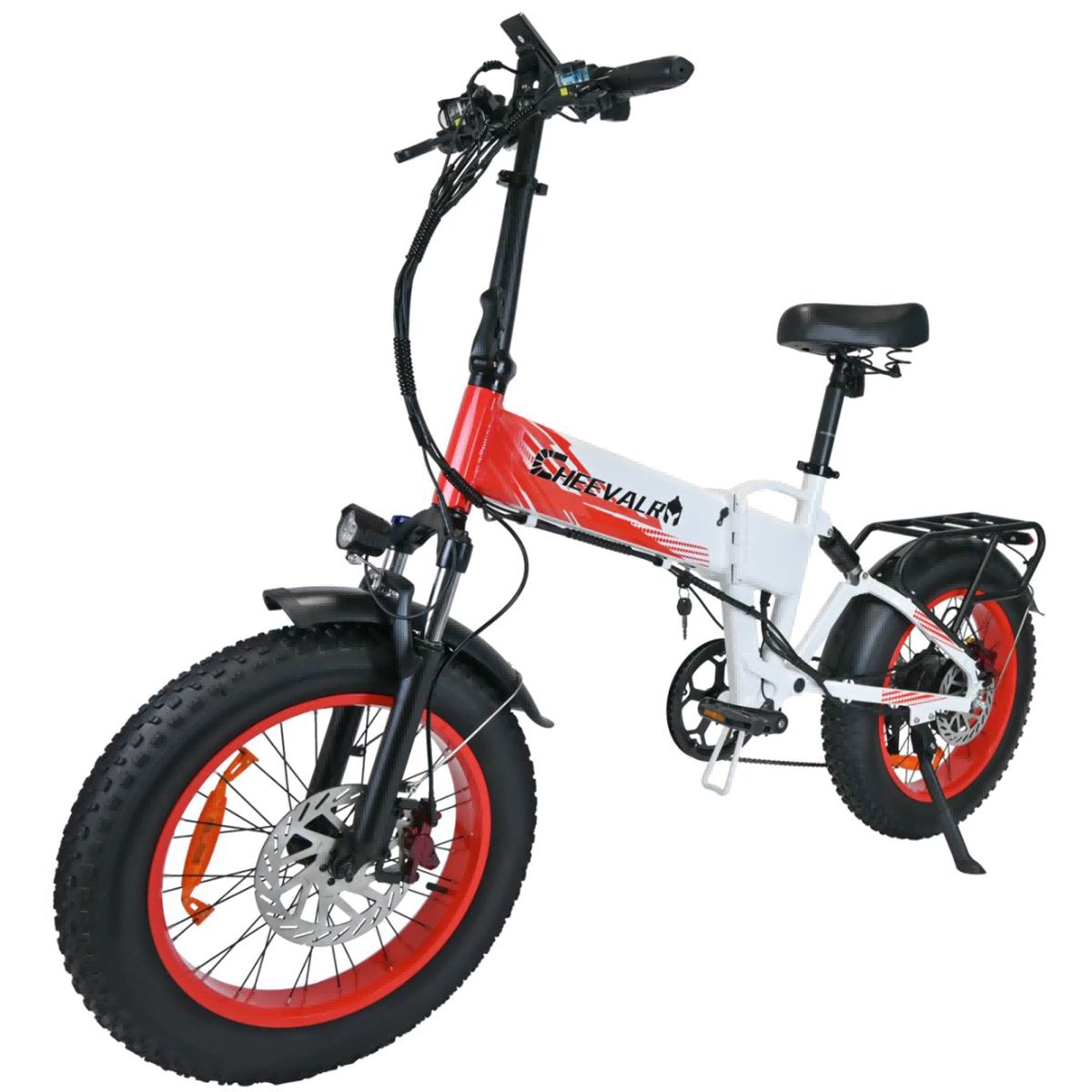 E-Bike mit roten Felgen. Weißes Rahmendesign mit roter Akzentfarbe. Schwarze Reifen und Sattel. Gepäckträger.