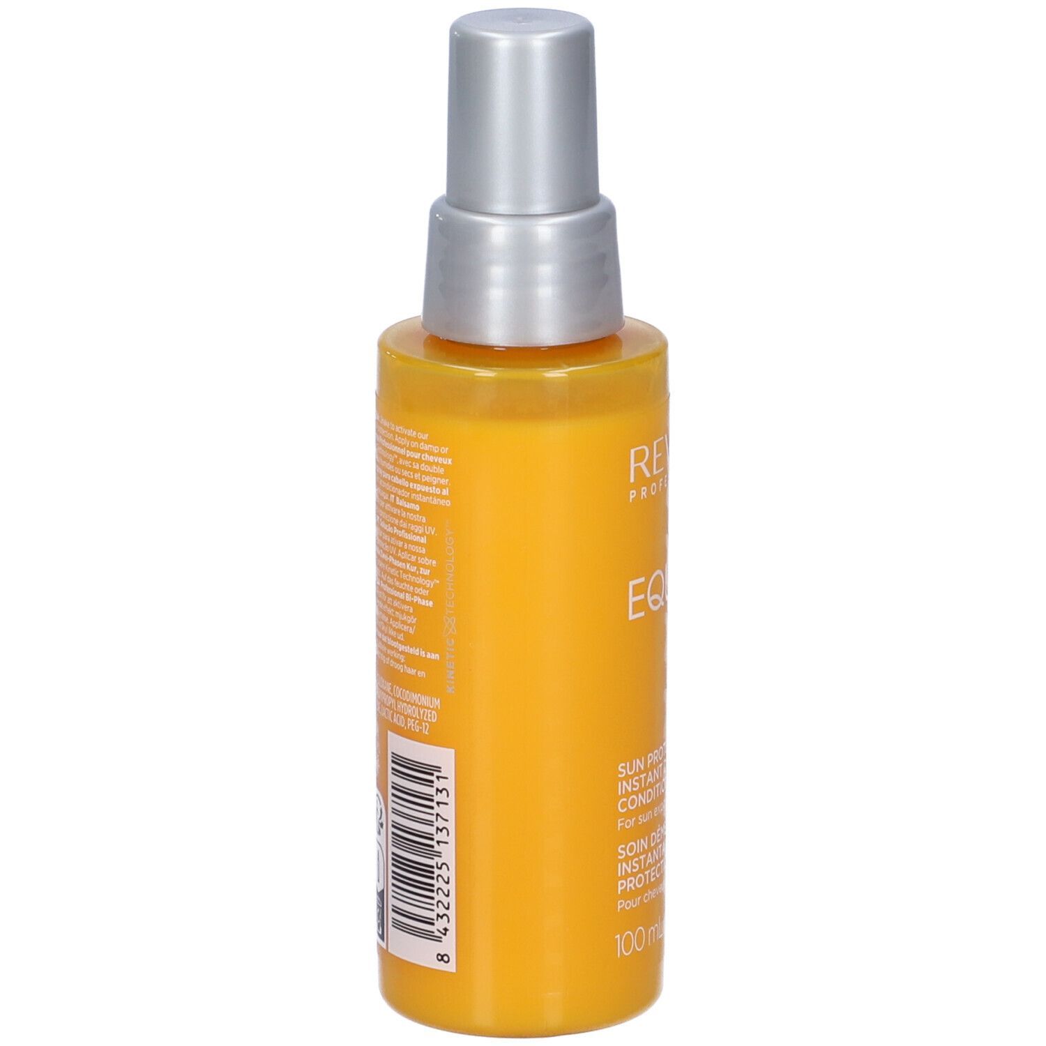 Gelbe Flasche mit Sprühkopf. Revlon EQUAVE Sun Detangling Conditioning. Text auf der Flasche. 100 ml.