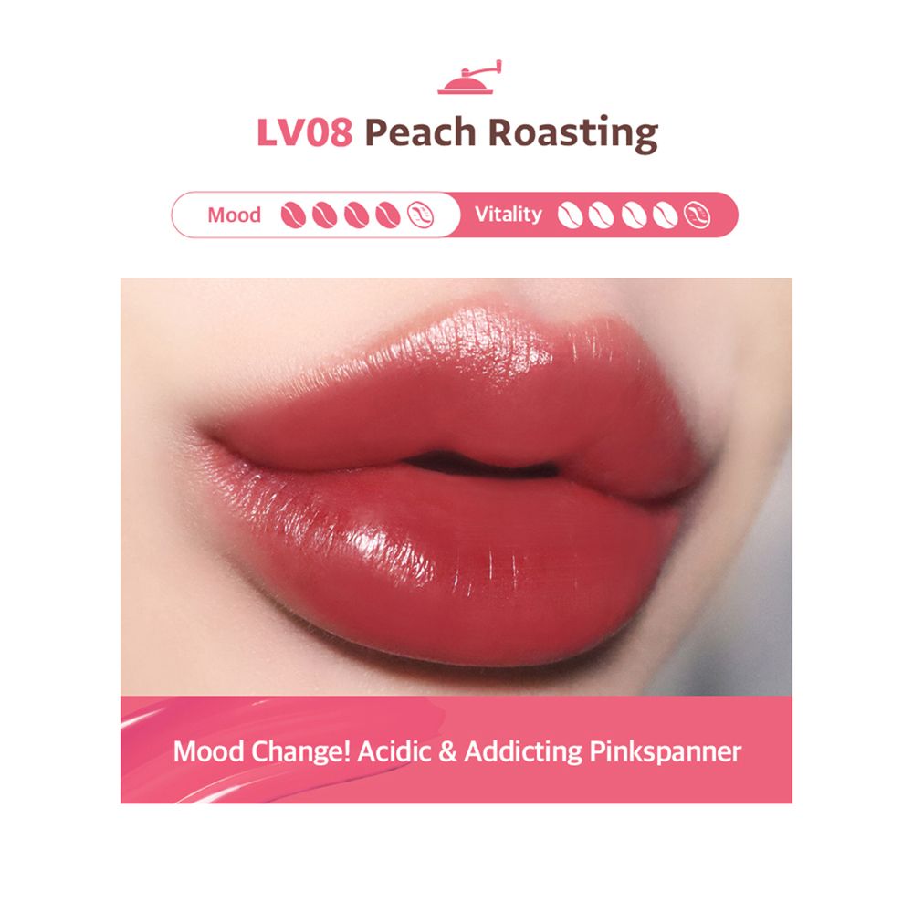 Nahaufnahme von Lippen mit rotem Lip Tint. Text: LV08 Peach Roasting. Stimmung und Vitalität-Indikatoren.