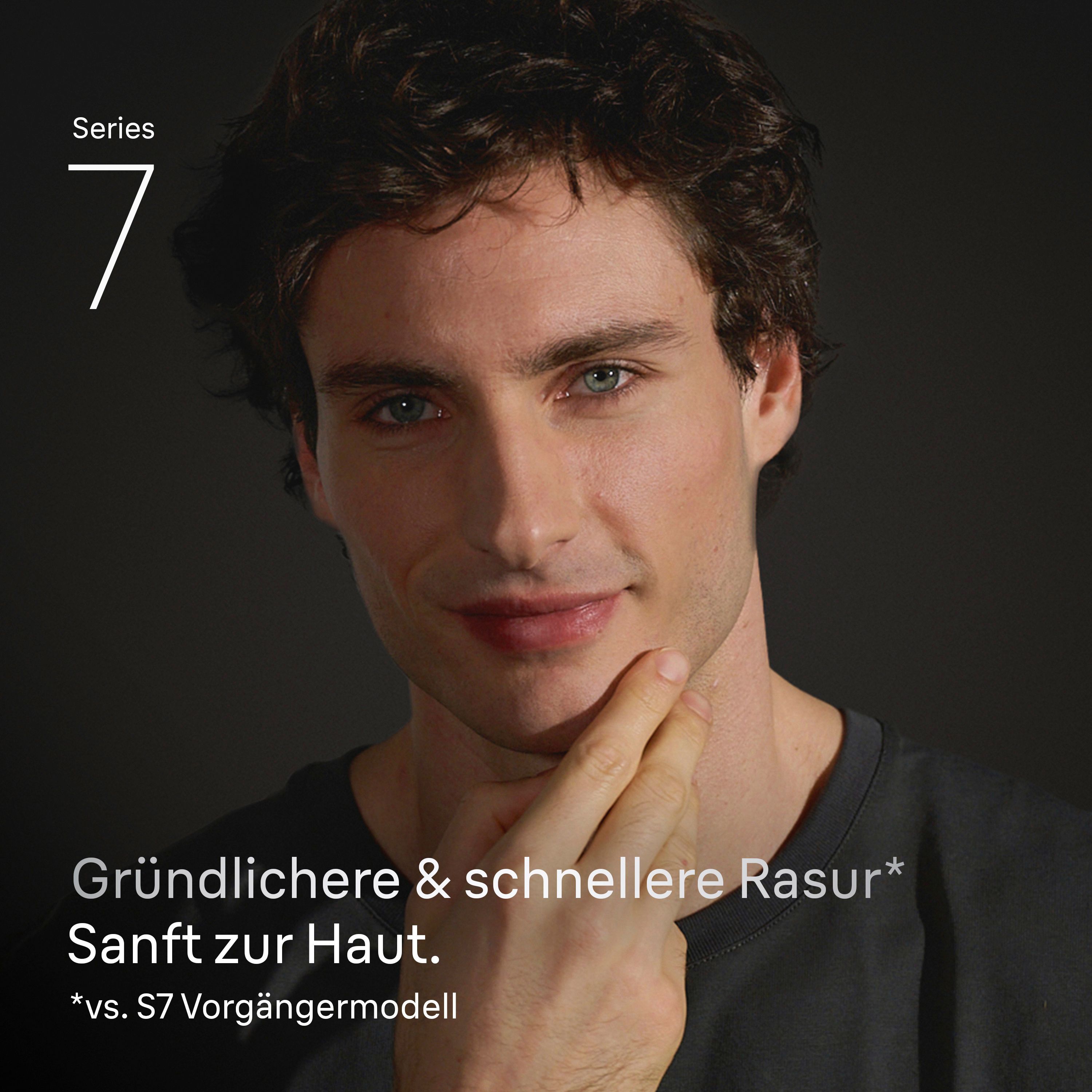 Mann mit Braun Rasierer Series 7 72-C1200s. Sanfte und gründliche Rasur.