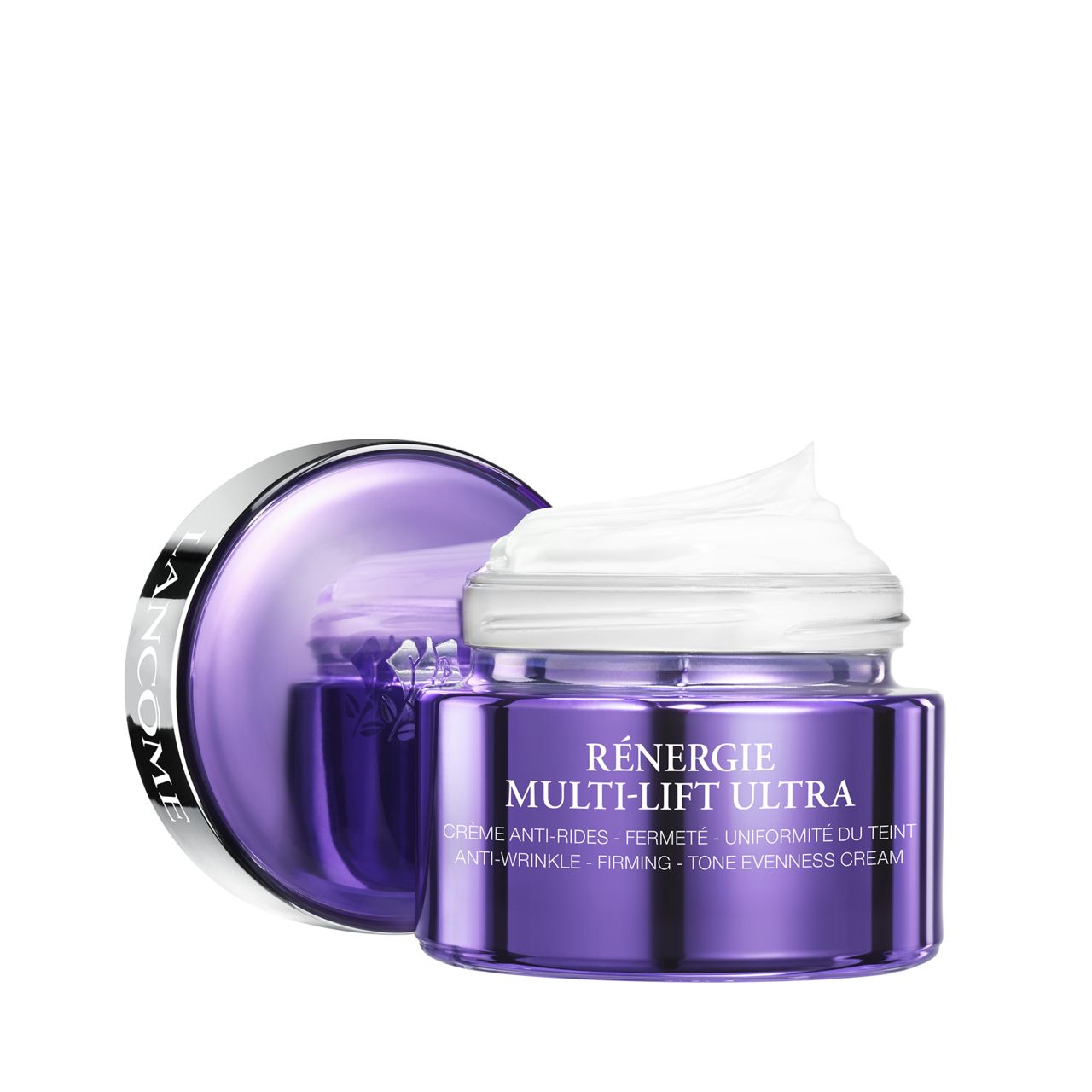 Violettes Tiegel mit weißer Creme. Deckel daneben. Aufschrift: Rénergie Multi-Lift Ultra, Lancôme.