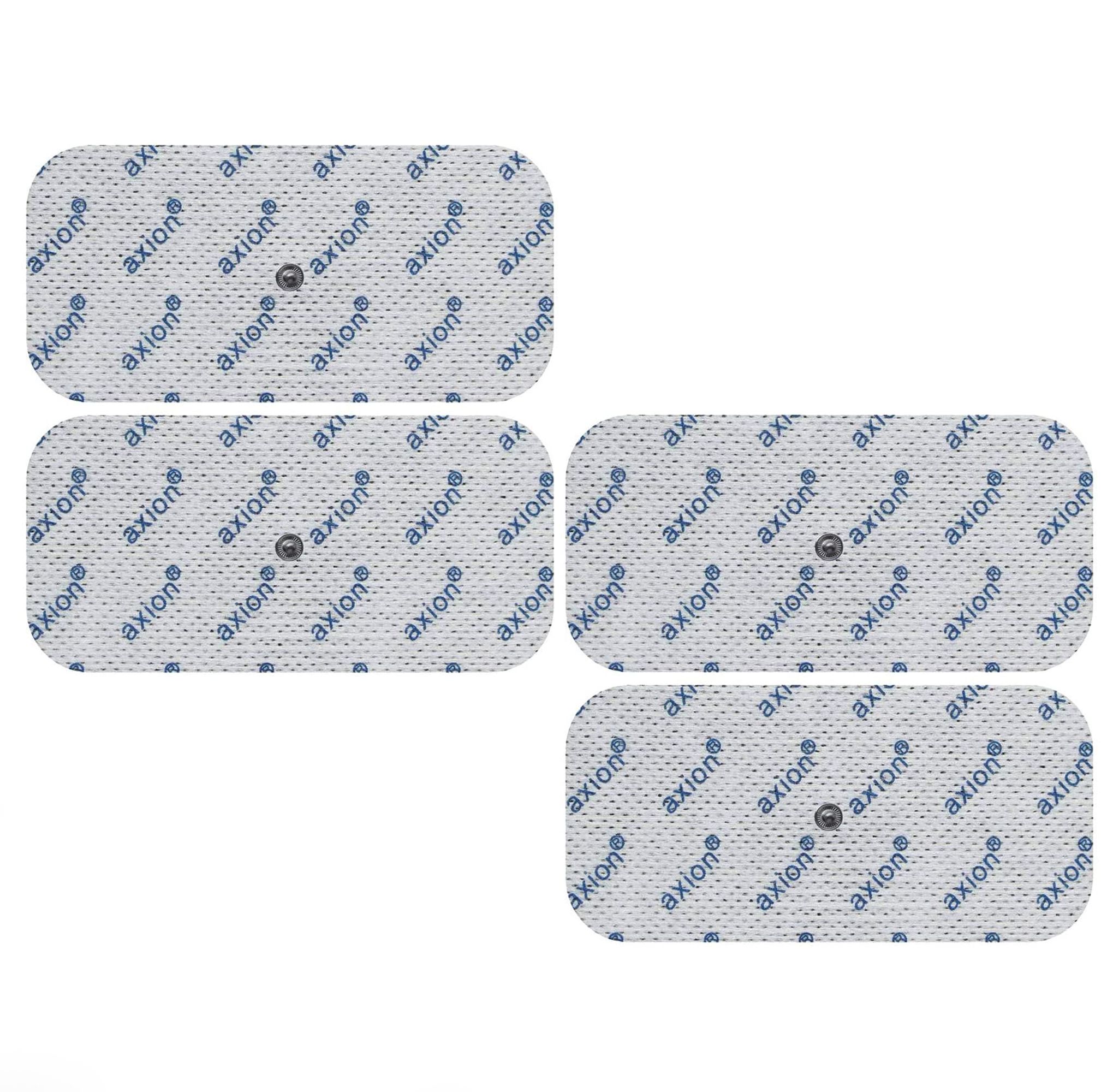 Fünf rechteckige Elektrodenpads mit axion-Logo und Druckknopfanschluss. Graue Oberfläche.