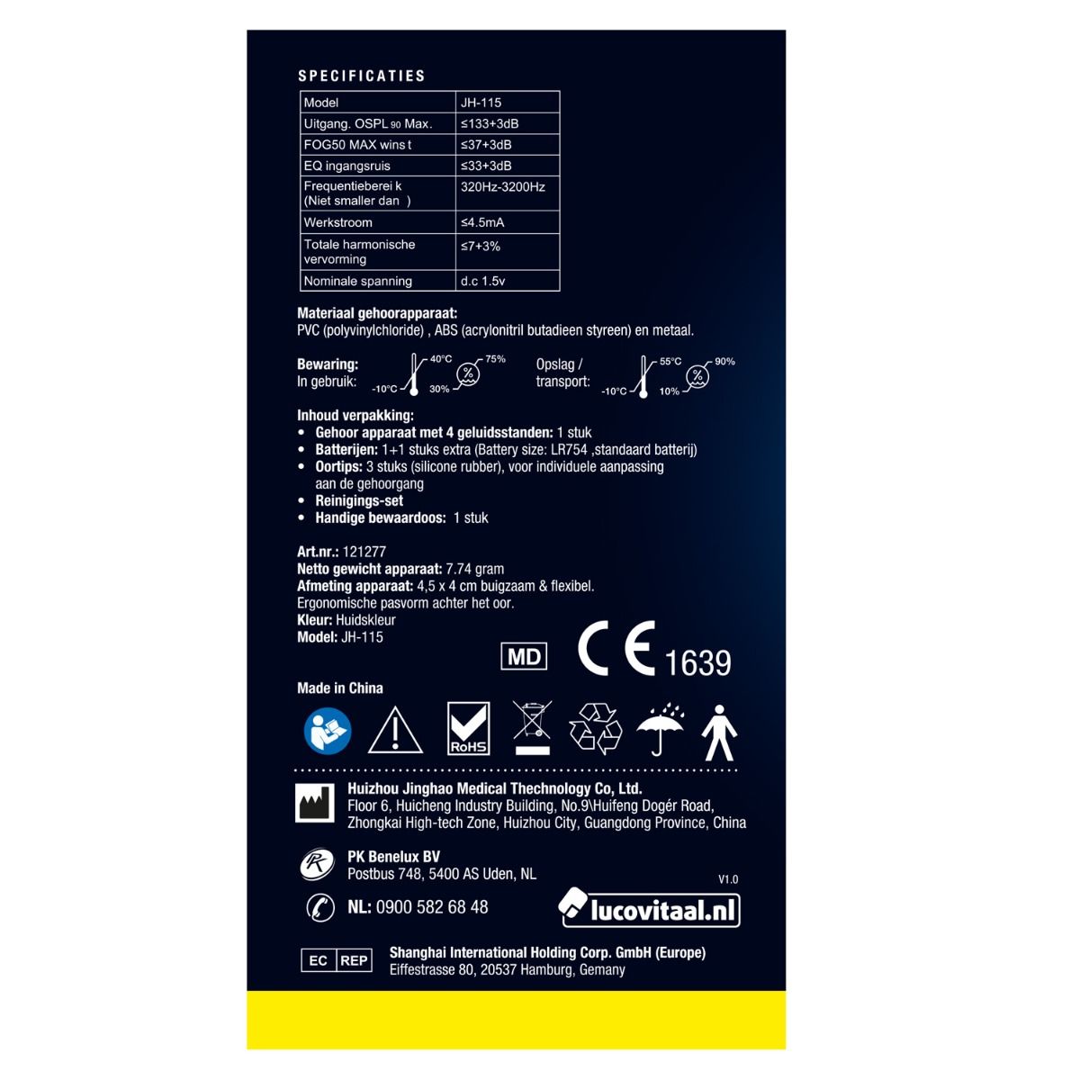 Achterkant verpakking met technische specificaties en CE-markering. Bevat informatie over het hoortoestel.