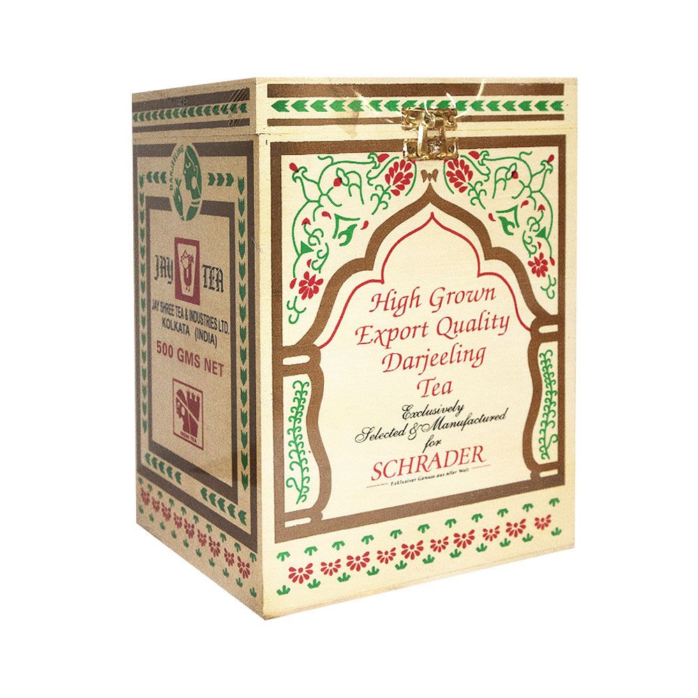 Holzkiste mit Aufschrift "High Grown Export Quality Darjeeling Tea" für Schrader. Dekorative Ornamente und Verschluss.