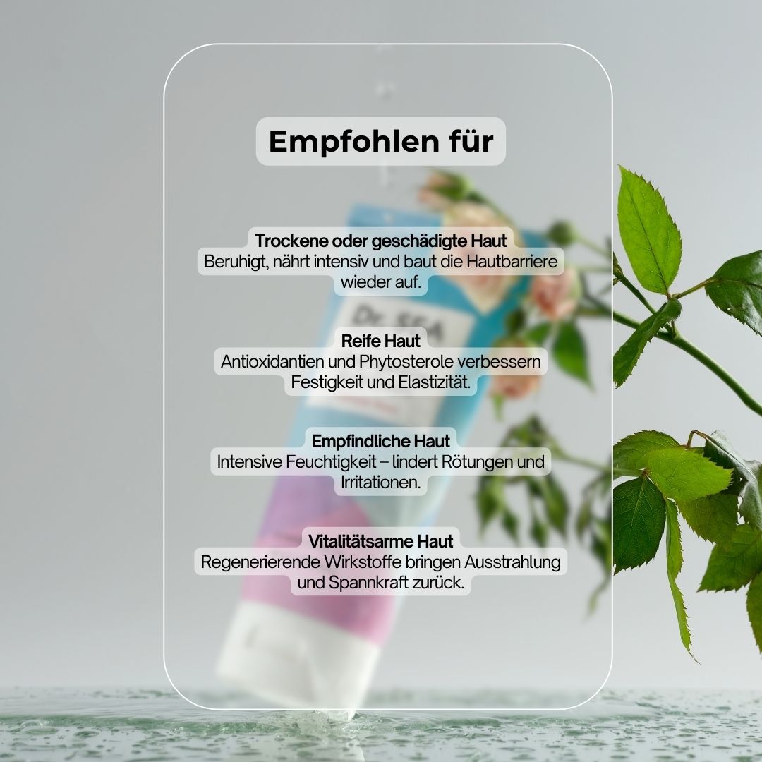 Creme-Tube mit Text. Aufschrift: Dr. SEA, Ultra Hydrating Body Cream, Damask Rose. Text: Empfohlen für trockene, reife, empfindliche und vitalitätsarme Haut.