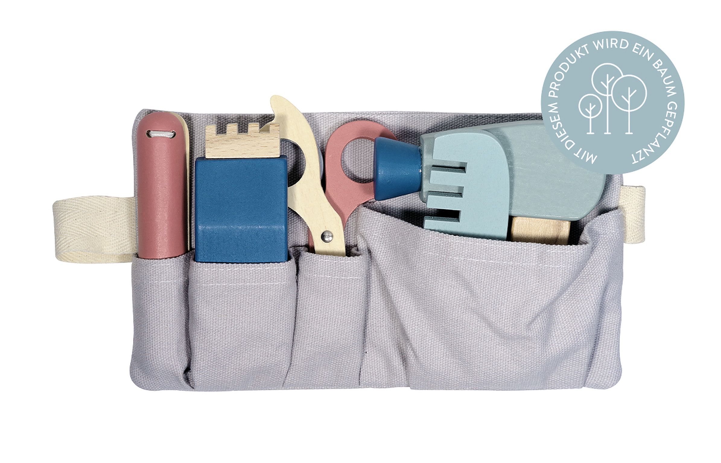 Friseursalon-Set aus Holz mit Tasche, Föhn, Schere, Kamm und Bürste. Verschiedene Farben. Mit Baum-Zertifizierung.