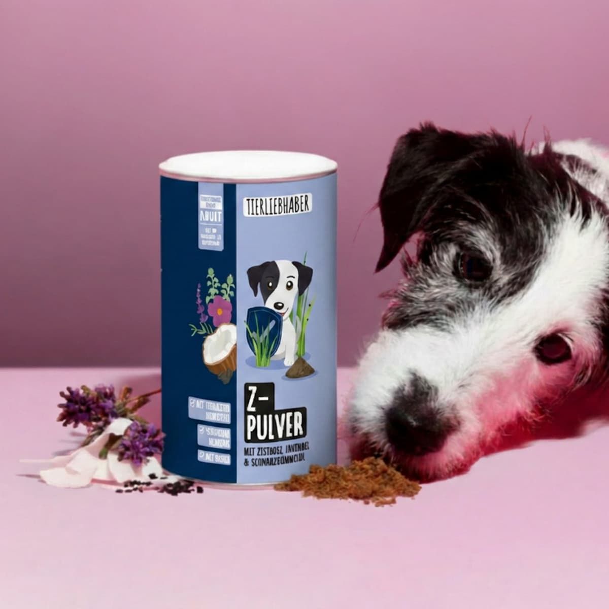 Tierliebhaber Z-Pulver Dose neben einem Hund und Lavendel.