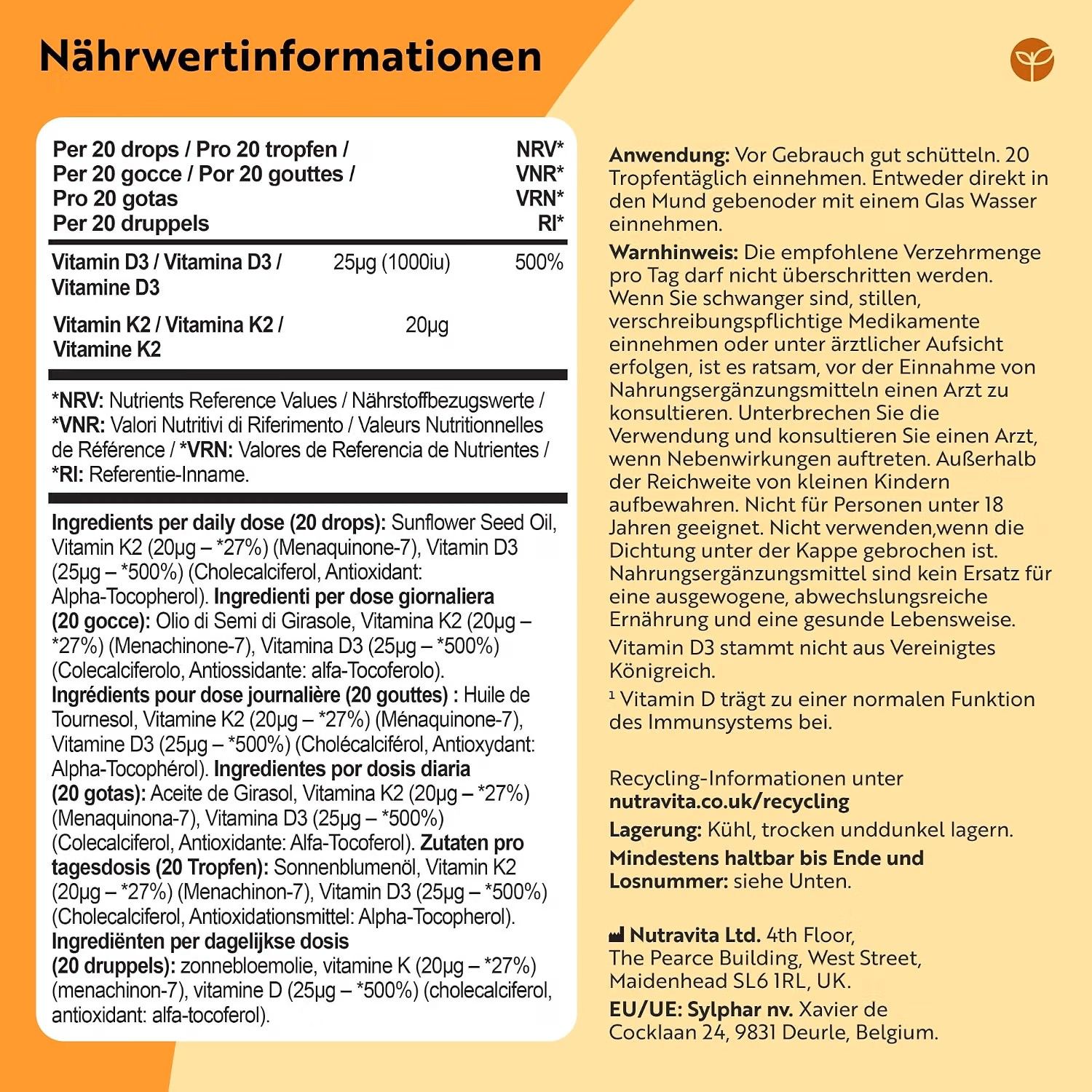 Nutravita Vitamin D3 und K2 MK-7 Tropfen