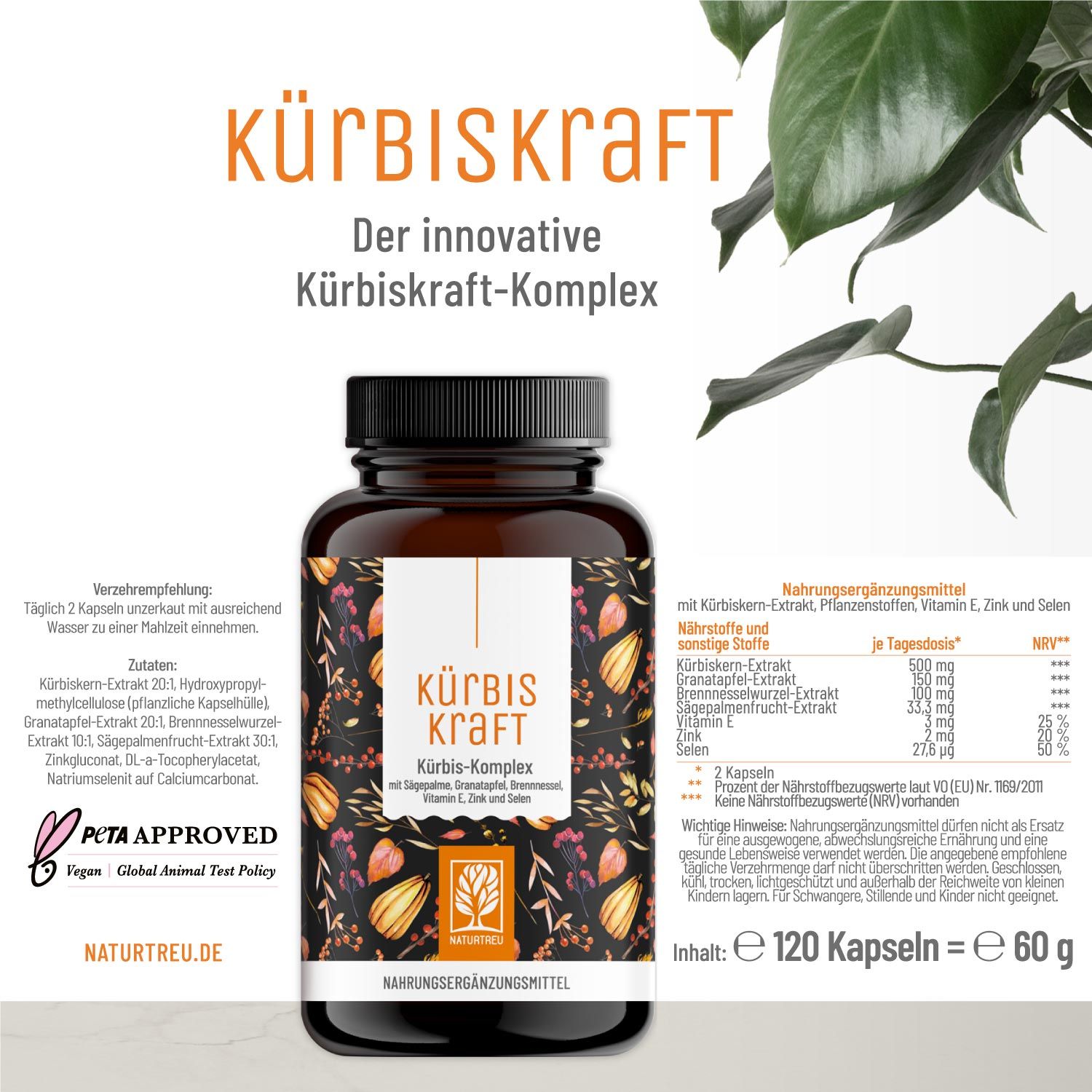 Kürbiskern Komplex mit Granatapfel, Sägepalmenextrakt, Brennnessel - Kürbiskraft - NATURTREU®