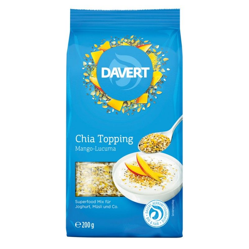 Blaue Verpackung von Davert Chia Topping Mango-Lucuma. Enthält Superfood-Mix für Joghurt, Müsli. Mit Logo und 200g-Angabe.