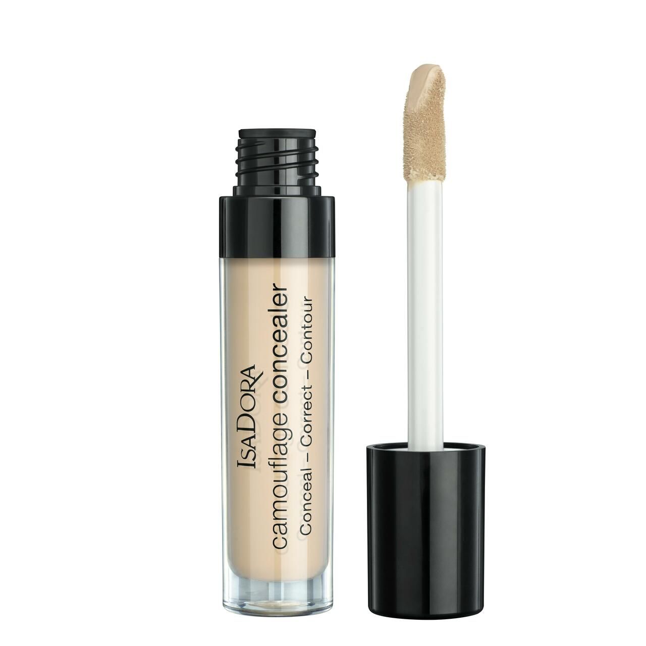 IsaDora Camouflage Concealer. Tube mit Applikator. Schwarzer Deckel. Produkttext: Conceal - Correct - Contour.