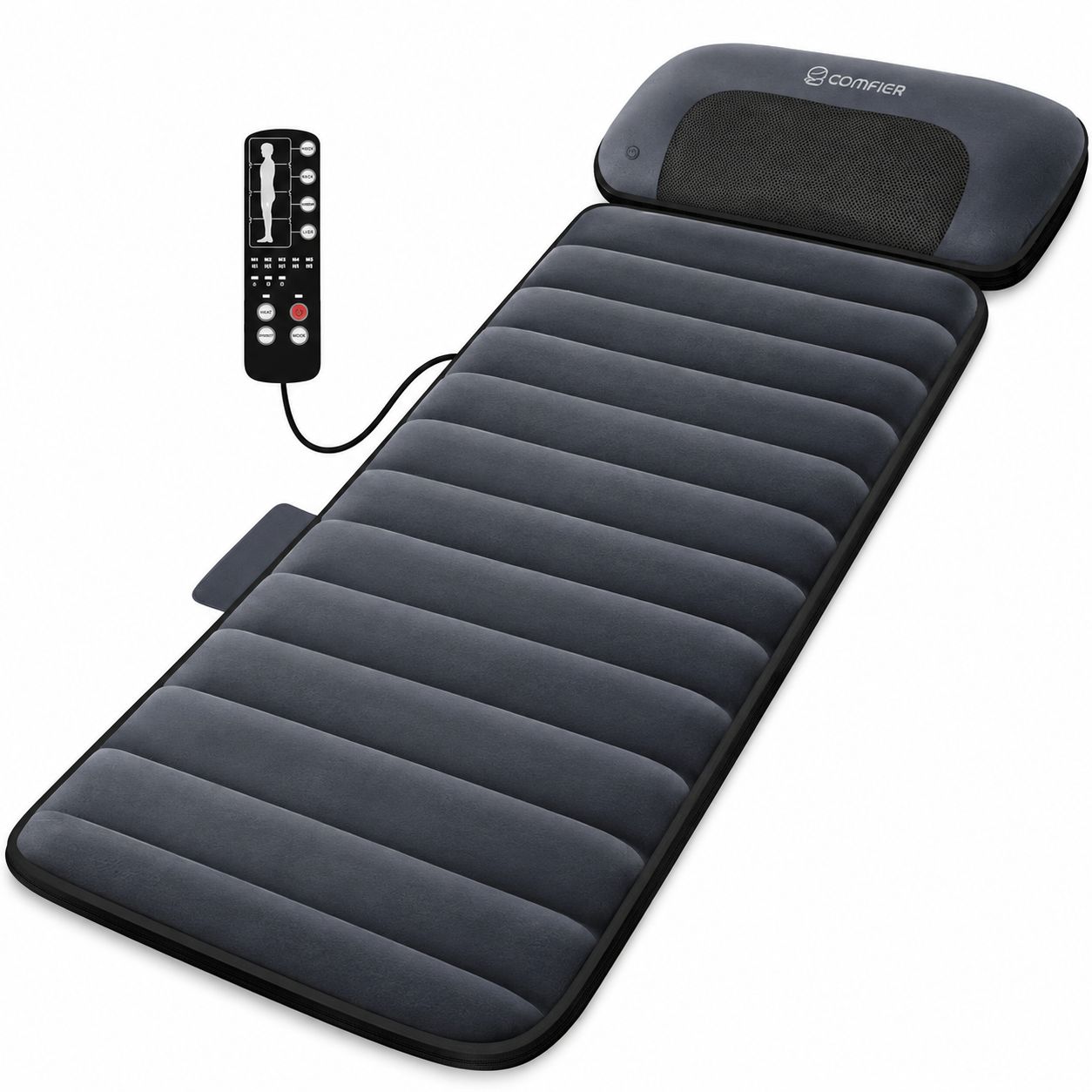 Graue Massagematte mit integriertem Nackenkissen und Fernbedienung.