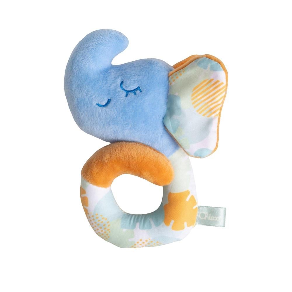 Blaues Elefanten-Rasselspielzeug mit orangefarbenem Griff. Stoff, mit Ohren und Augen. Chicco-Label.
