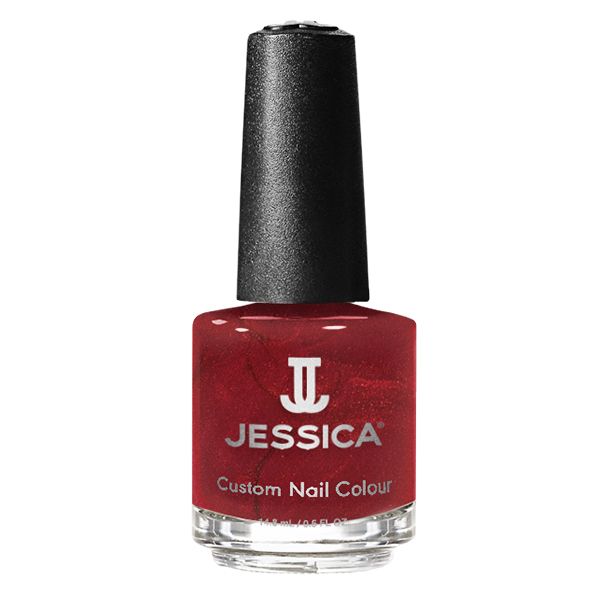 Rote Nagellackflasche mit schwarzem Deckel. Aufschrift: JESSICA Custom Nail Colour.