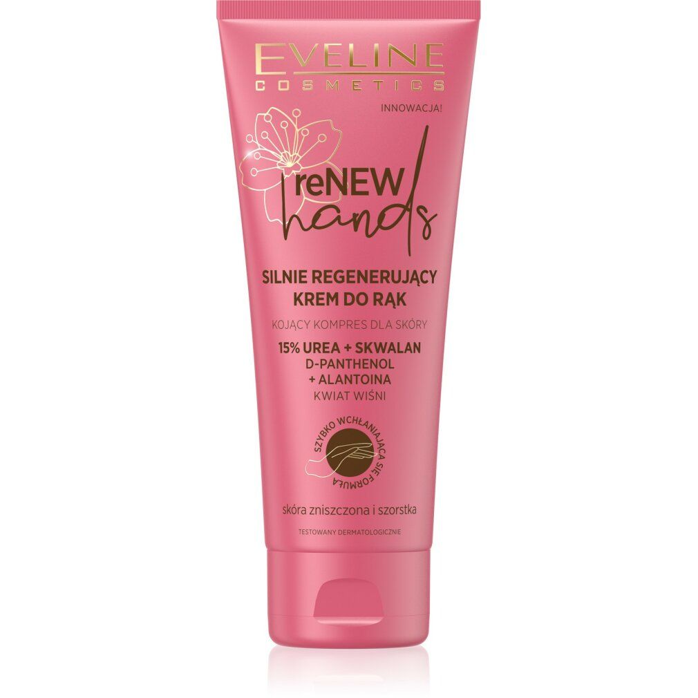 Rosa Tube mit "Eveline Cosmetics reNEW hands" Aufschrift. Enthält regenerierende Handcreme mit Kirschblütenextrakt.