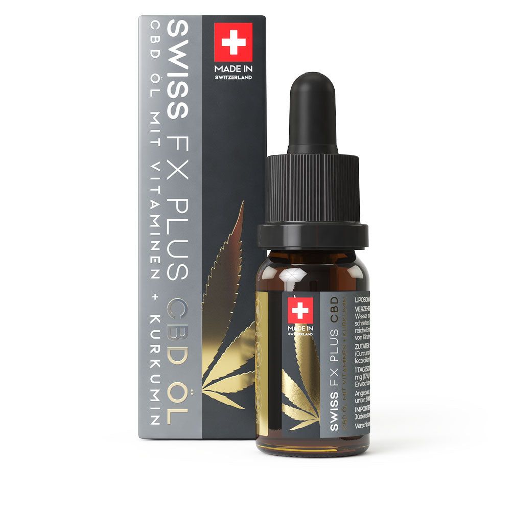 Braune Glasflasche mit Tropfer und Schachtel. Aufschrift: SWISS FX PLUS CBD Öl, Schweizer Kreuz, Kurkuma.