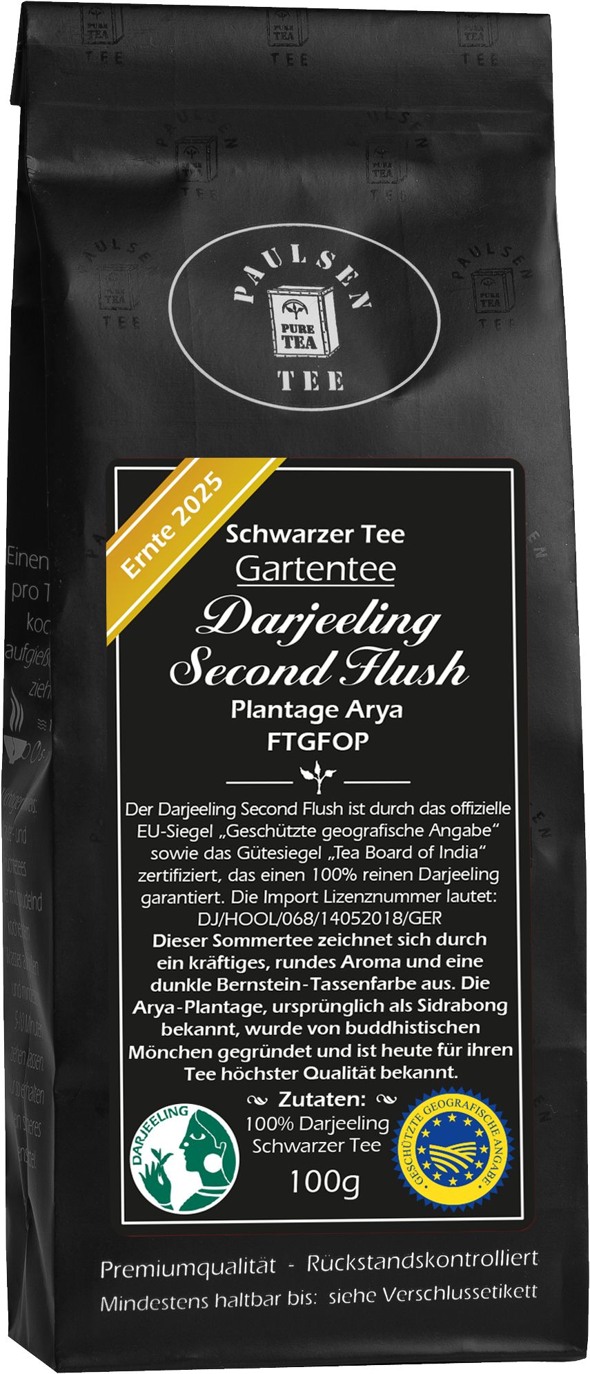 Schwarzer Tee in schwarzer Verpackung. Text: Paulsen Pure Tea, Darjeeling Second Flush, Plantage Arya, Ernte 2025. Siegel.