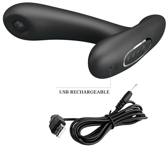 Schwarzes Wellness-Produkt mit USB-Ladekabel. DC-Anschluss. USB-Anschluss.