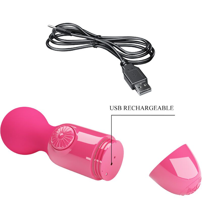 Magenta Mini Massager. USB-Ladekabel. Abnehmbare Kappe. Text: USB RECHARGEABLE.
