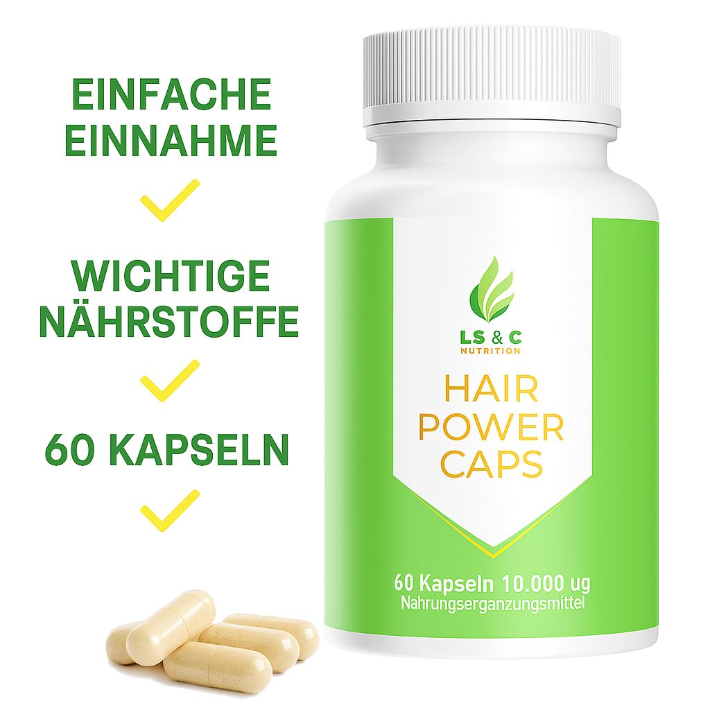Weiße Flasche mit grüner Beschriftung. Daneben Kapseln. Aufschrift: Hair Power Caps, 60 Kapseln, LS&C Nutrition. Text: Einfache Einnahme, wichtige Nährstoffe.