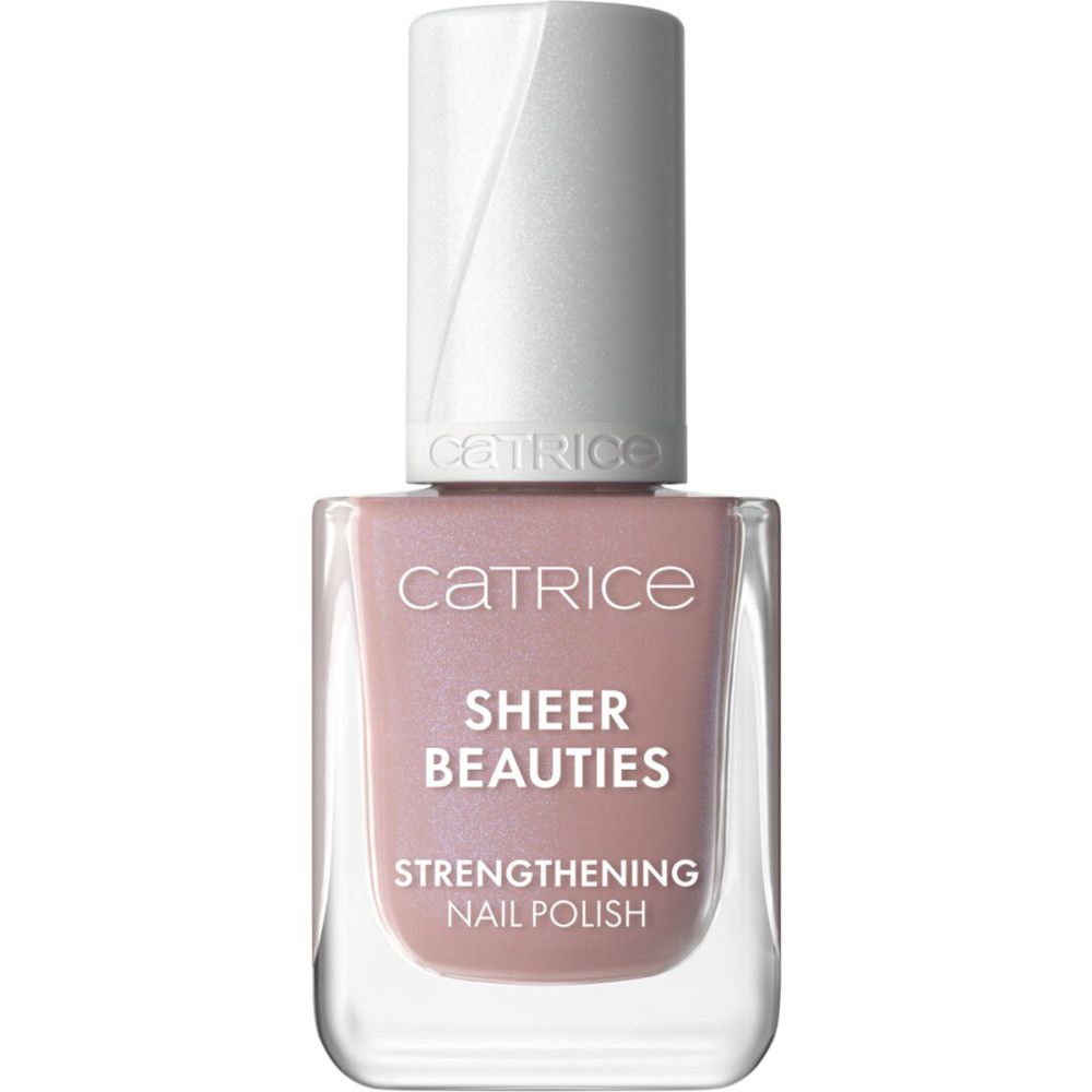 Nagellackflasche. Marke Catrice, Produktname Sheer Beauties, stärkender Nagellack. Rosa Farbton, transparente Flasche.