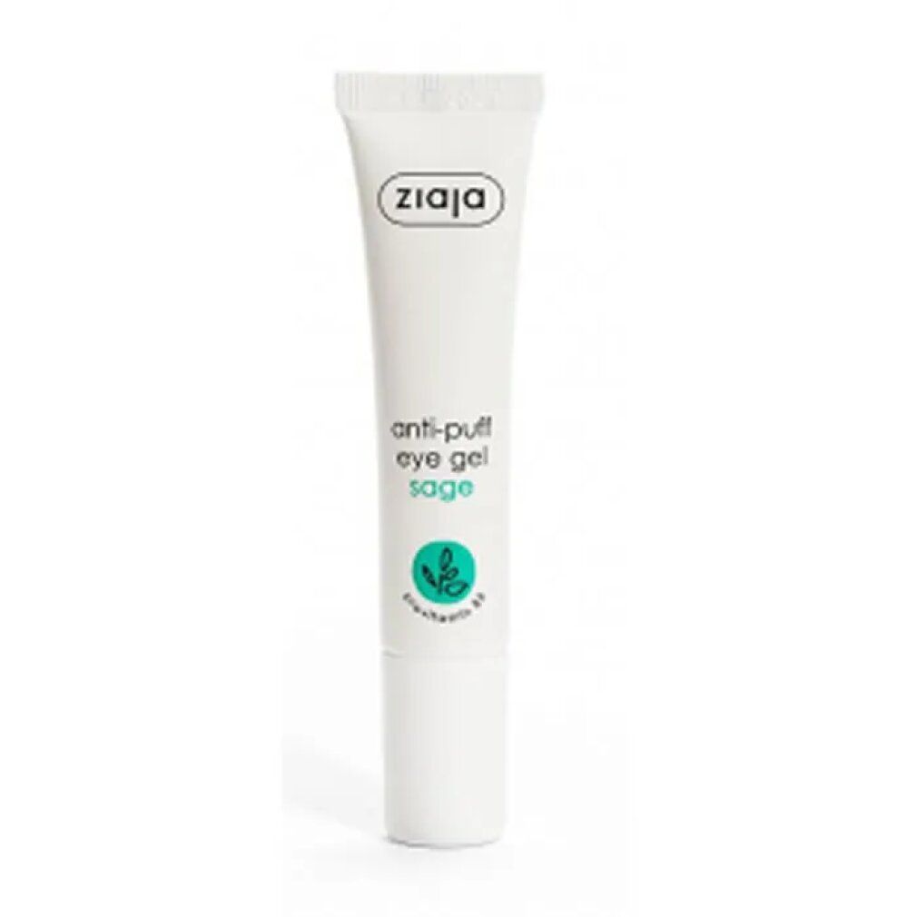 Weiße Tube mit grüner Schrift. Aufschrift: Ziaja, Anti-Puff Eye Gel Sage. Mit Salbei-Blatt-Symbol.