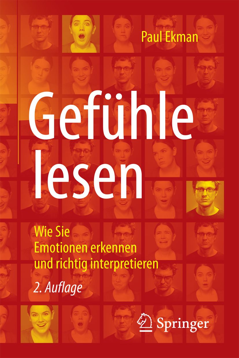 Buchcover "Gefühle lesen". Roter Hintergrund mit Gesichtern. Titel in Weiß. Autor Paul Ekman. Verlag Springer.