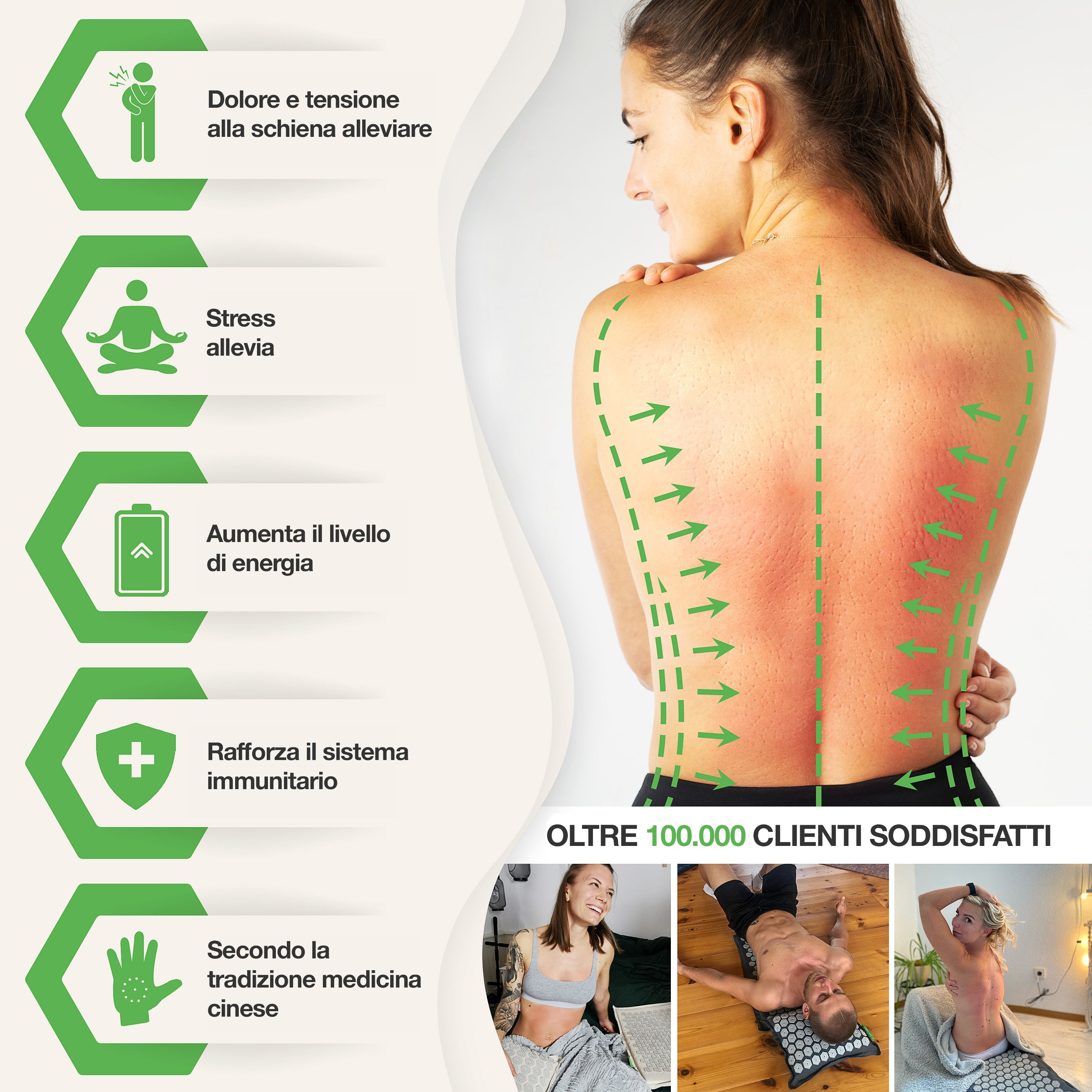 Infografica: Vantaggi dell'agopressione. Allevia il mal di schiena, riduce lo stress, aumenta il livello di energia, rafforza il sistema immunitario.