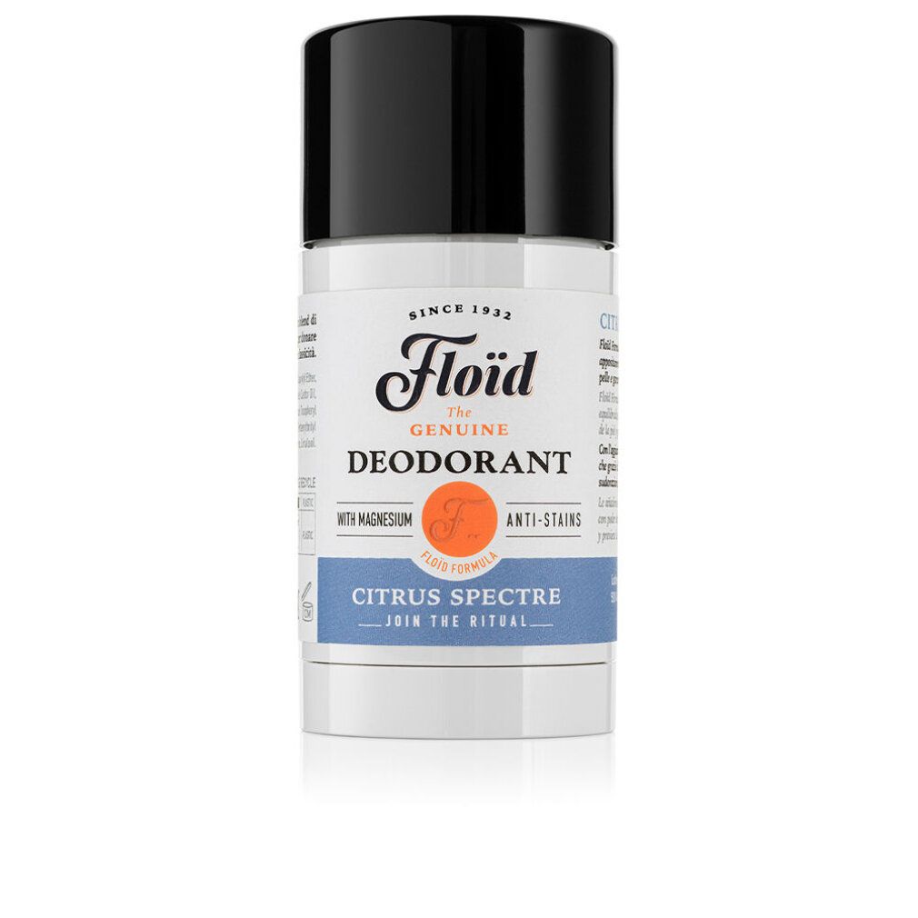 Zylinderförmiger Deodorant-Stick mit schwarzem Deckel. Aufschrift: Floïd, The Genuine Deodorant, Citrus Spectre.
