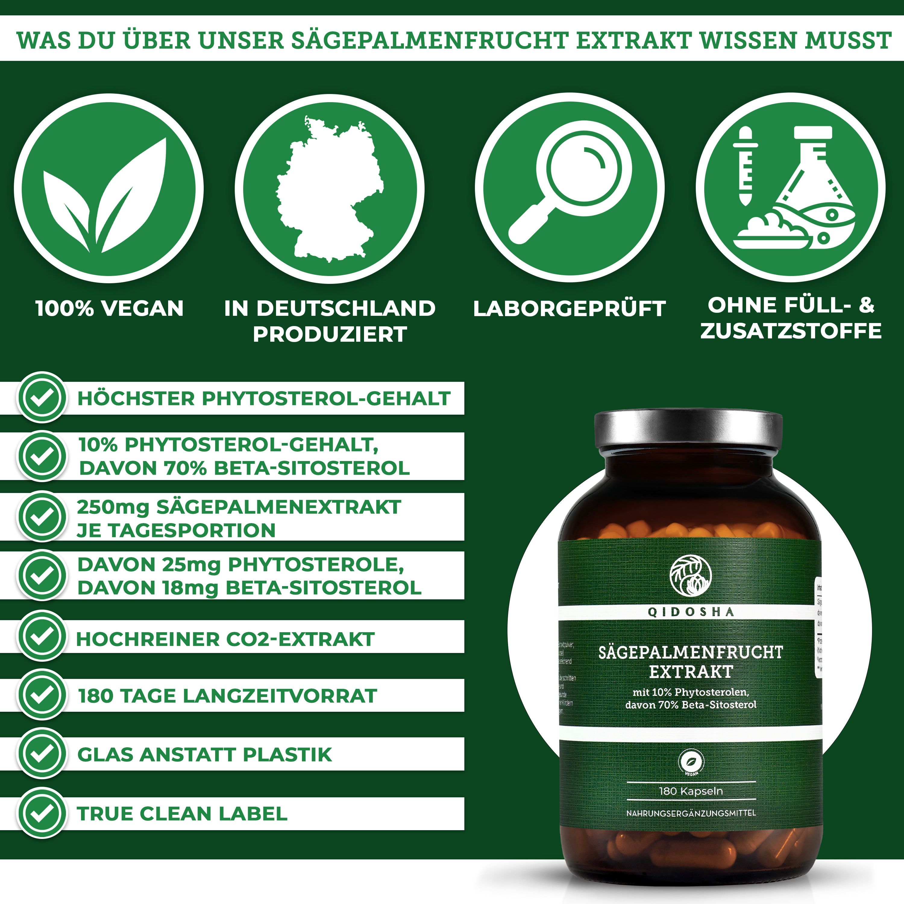 Produktflasche mit grünen Infografiken. Text: 100% vegan, in Deutschland produziert, laborgeprüft, ohne Füll- & Zusatzstoffe. QIDOSHA.
