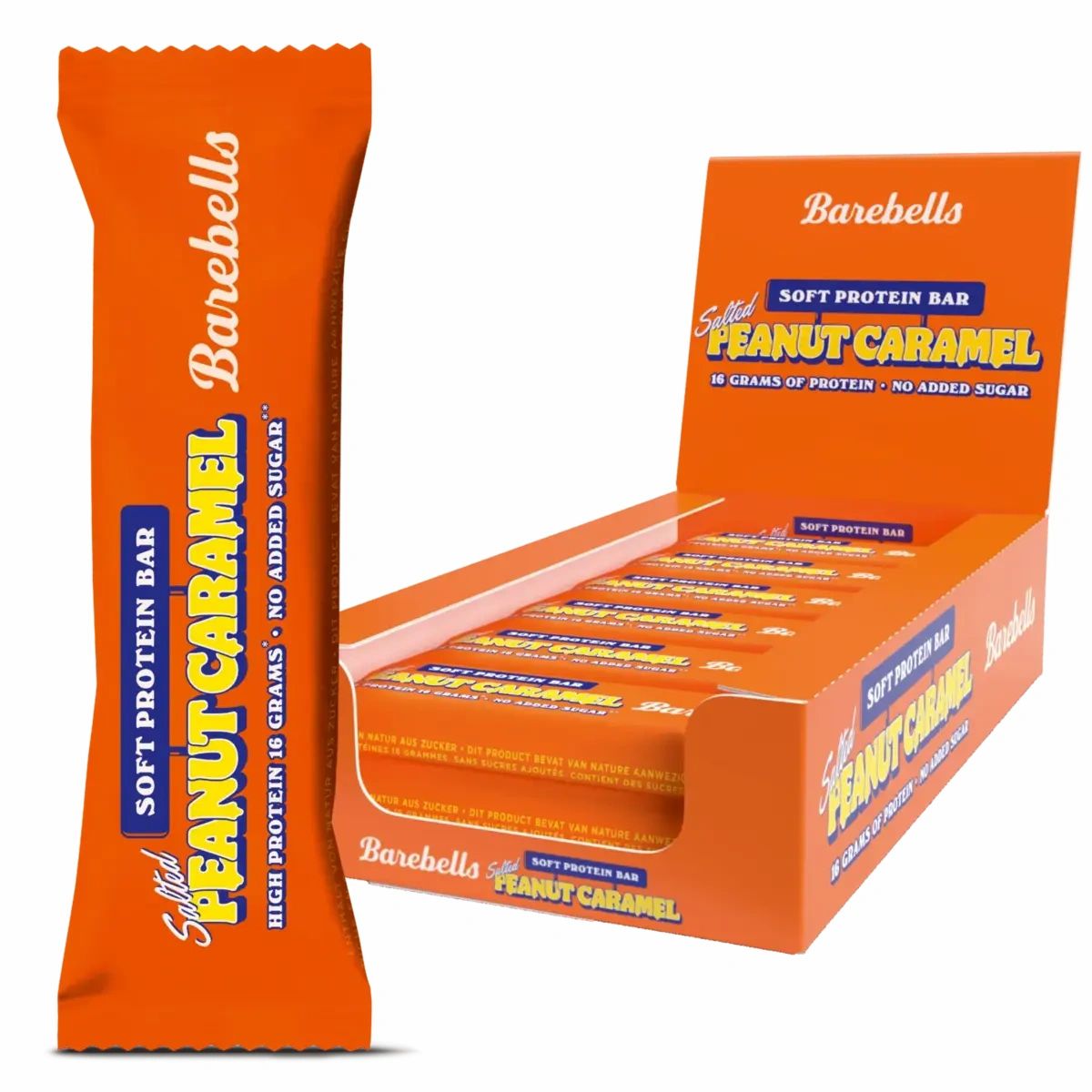 Barebells Soft Protein Bar, Erdnuss-Karamell. Einzelne Riegel und offene Box. Orangefarbene Verpackung mit Produktinformationen.