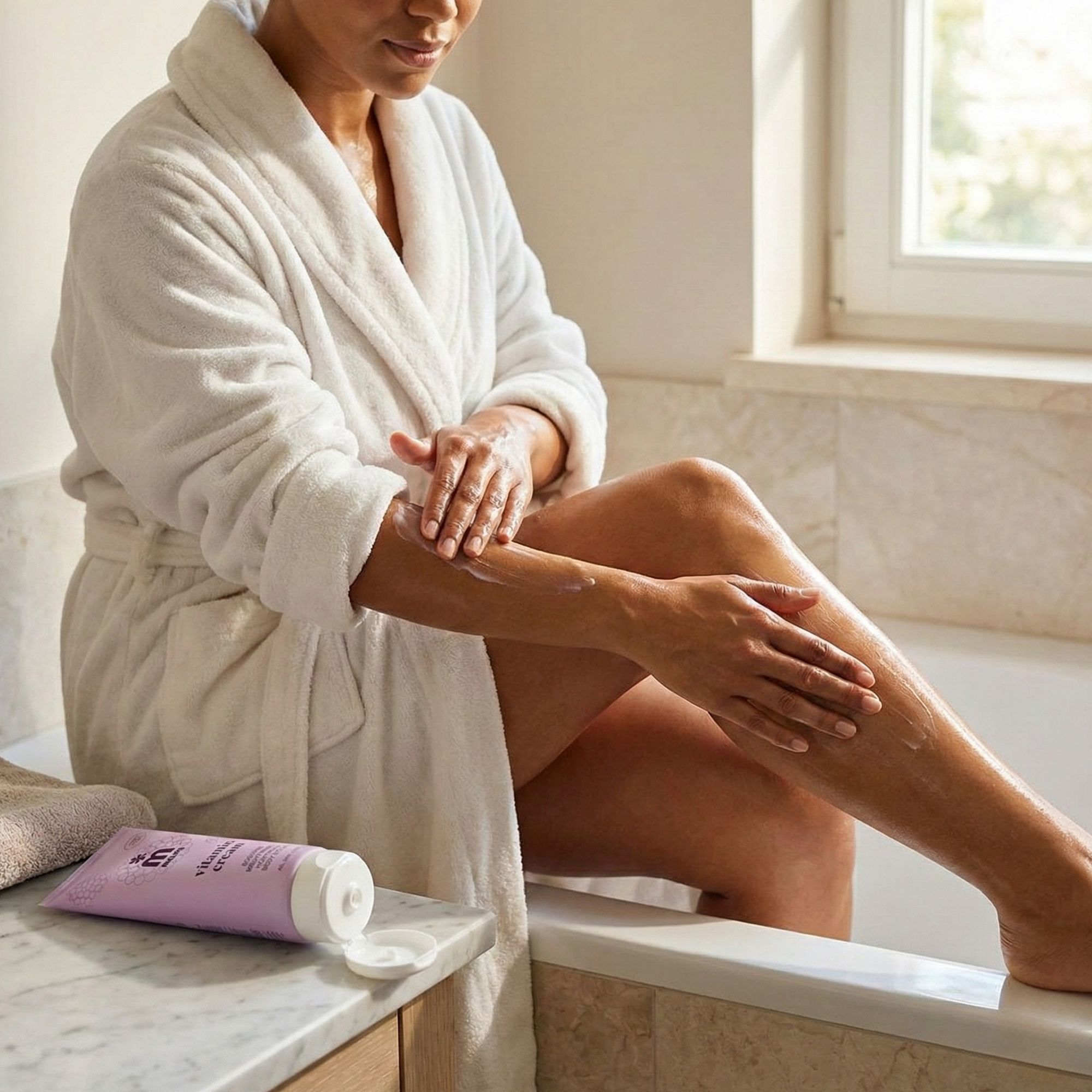 Frau im Bademantel, trägt Creme auf dem Bein auf. Daneben liegt eine Tube Melem Vitamin Cream mit geöffnetem Deckel.