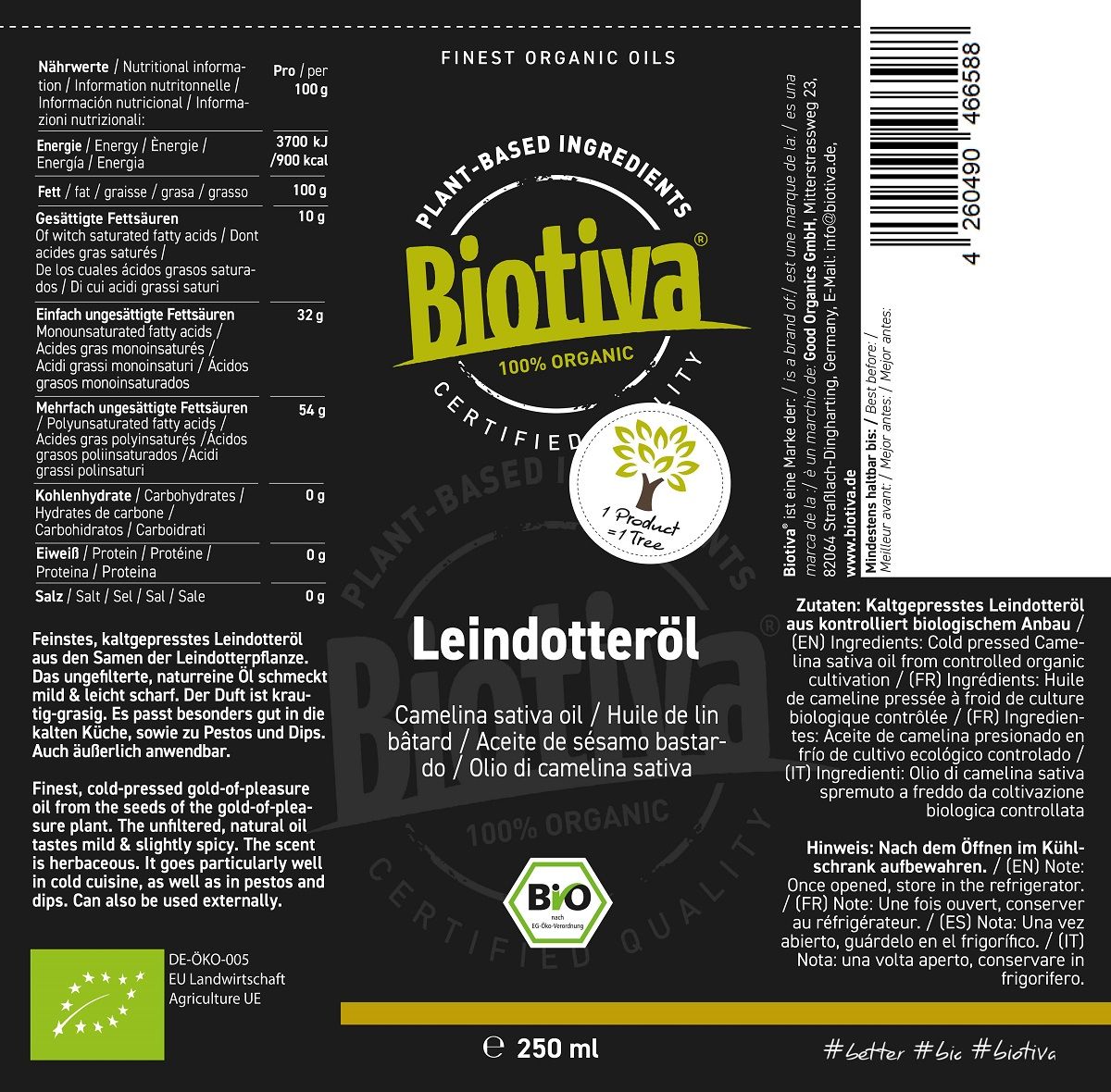 Biotiva Leindotteröl kaltgepresst Bio 250 ml