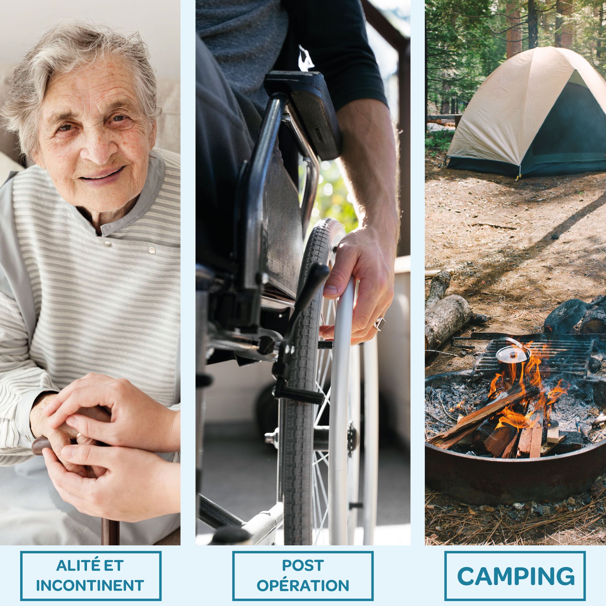 Scènes: Alités, fauteuil roulant, camping. Texte: Incontinence, post-opératoire, camping.