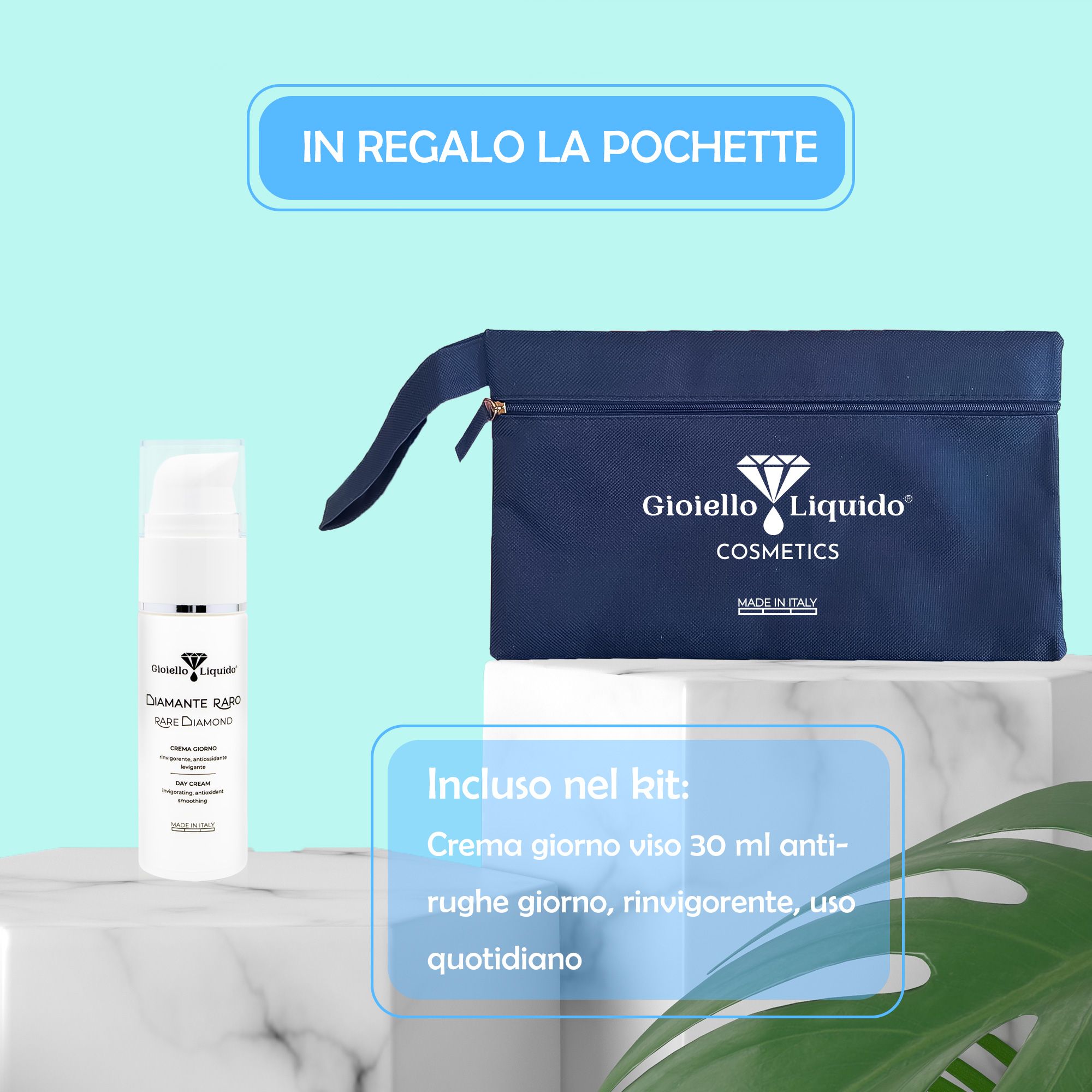 Tagescreme und blaue Clutch-Tasche. Text: Gioiello Liquido Cosmetics. Inklusive: 30 ml Anti-Falten-Tagescreme, revitalisierend, für den täglichen Gebrauch.