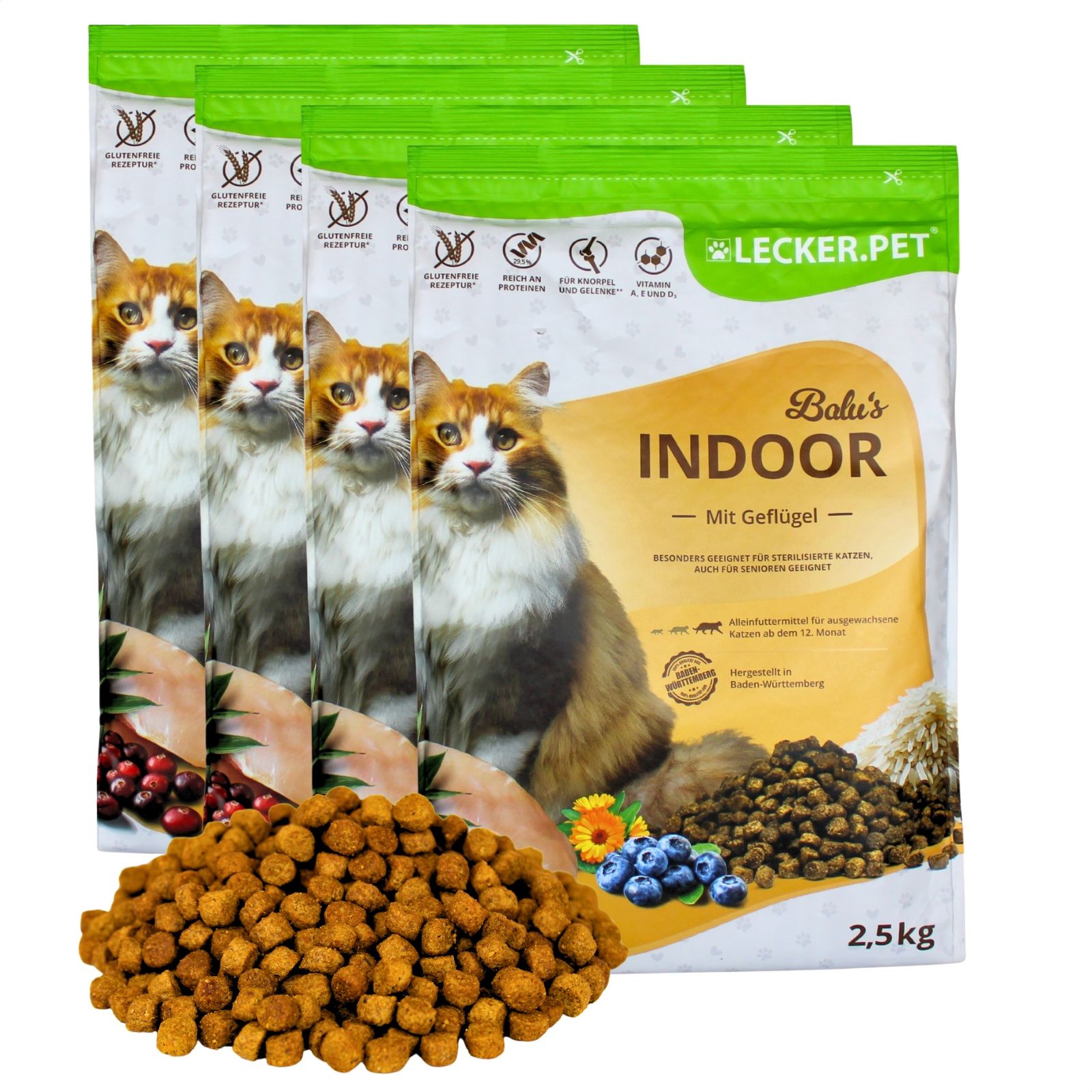 Packungen "Balu's Indoor" Katzenfutter mit Geflügel, 2,5kg.