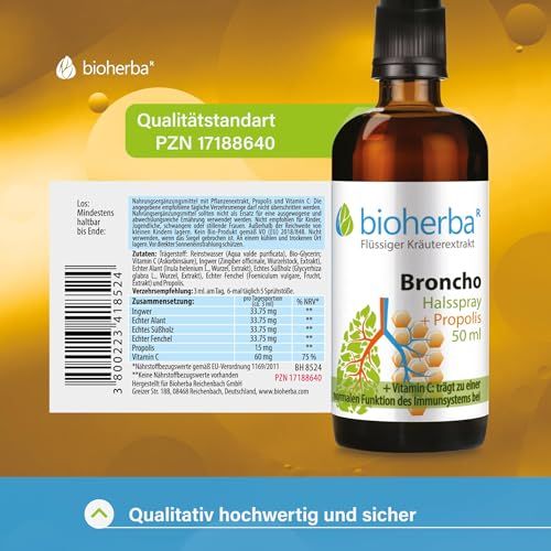 Braune Glasflasche mit Sprühkopf. Etikett mit Produktinformationen und Inhaltsstoffen. Grün-weißes Etikett mit Qualitätsstandard.