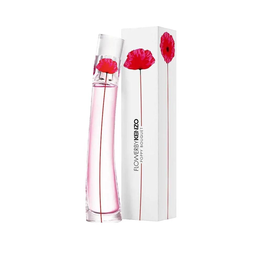Parfümflakon mit roter Blume und Verpackung. Flakon aus Glas, rosa Flüssigkeit. Verpackung weiß mit roter Blume und Schriftzug.