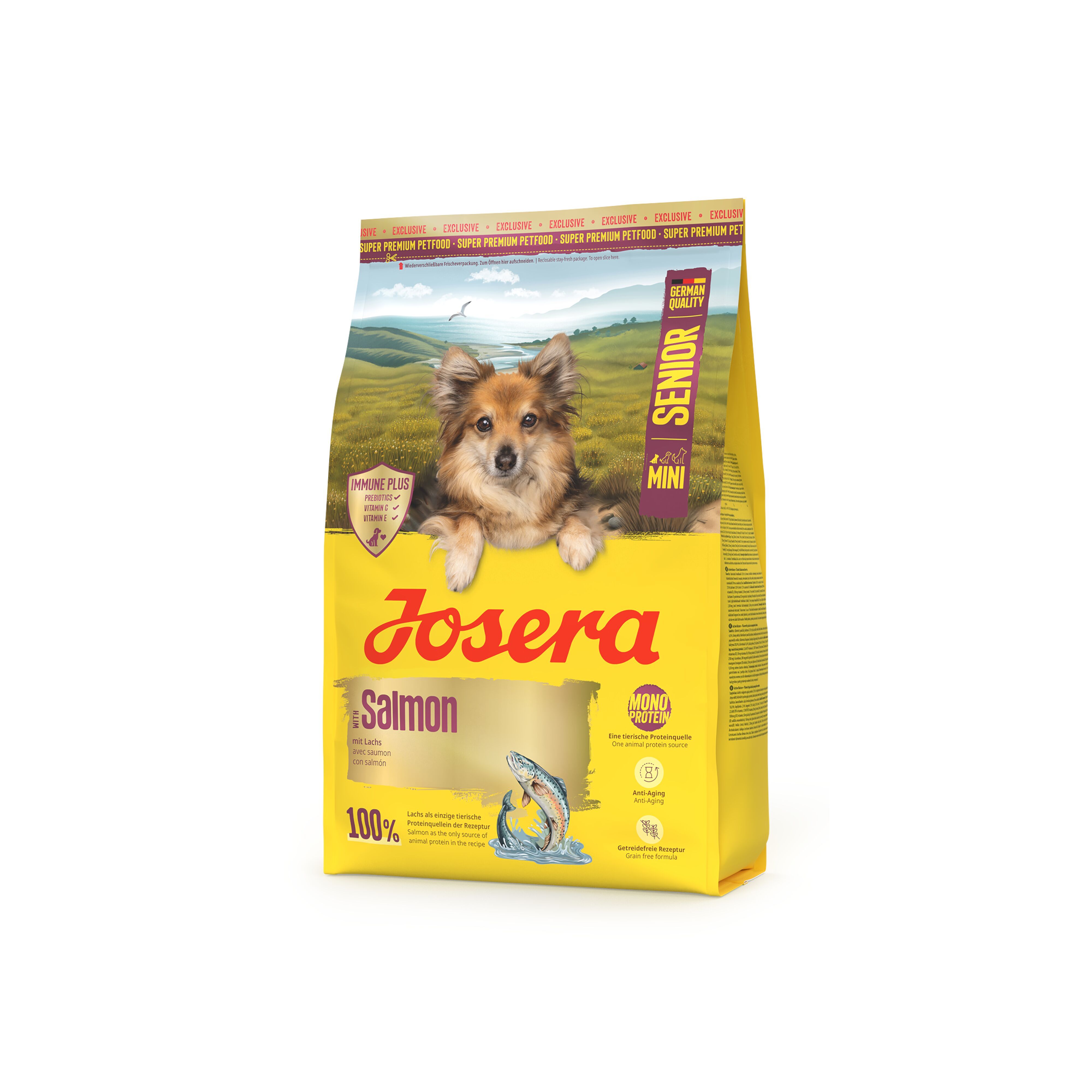 Gelbe Verpackung mit JOSERA Mini Senior Salmon. Abbildung eines Hundes. Text: Salmon, 100%.