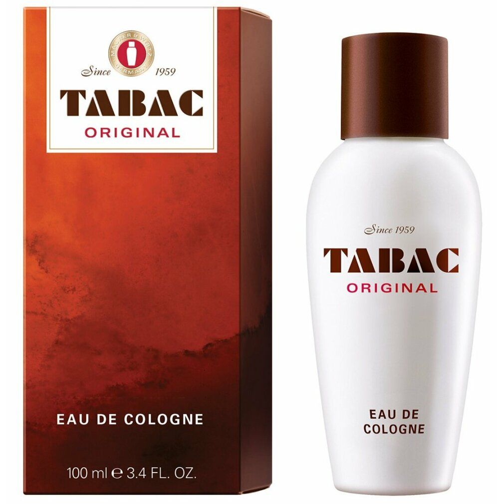 Tabac Original Eau de Cologne Flasche und Verpackung. Rote Box mit Produktinformationen. 100 ml.