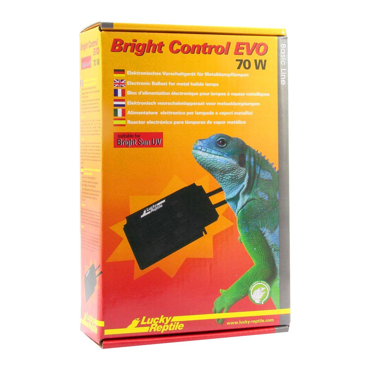 Verpackung für Bright Control EVO. Aufdrucke: Produktname, 70W, mehrsprachige Texte, Logo Lucky Reptile, Bild eines Leguans.