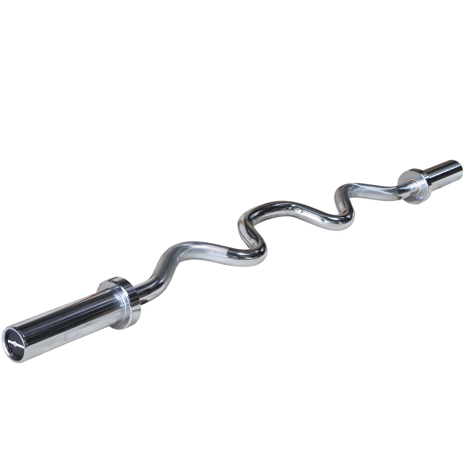 SZ-Langhantel, silberfarben, wellenförmig gebogen. Perspektivische Ansicht. Zylindrische Griffe mit Scheibenaufnahmen.