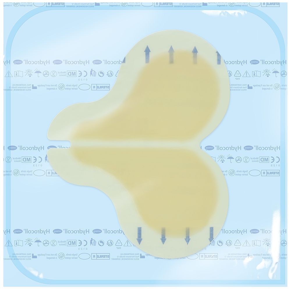 Hydrocoll Wundverband, gelbliche Form, in transparenter Verpackung. Pfeile zeigen die Richtung an. Sterile Ausführung.