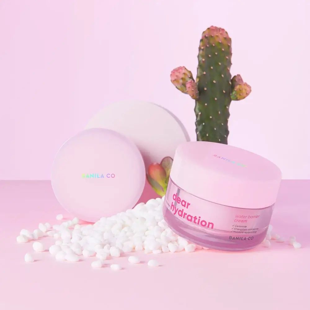 Tiegel und Deckel neben Kaktus und weißen Kügelchen. Auf dem Tiegel steht "dear hydration" und "BANILA CO".