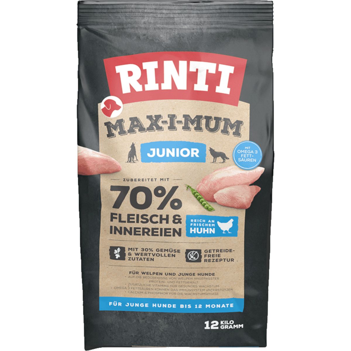 Rinti Max-i-Mum Junior Huhn Hundefutter, 12 kg. 70% Fleisch & Innereien, mit Gemüse und wertvollen Zutaten.