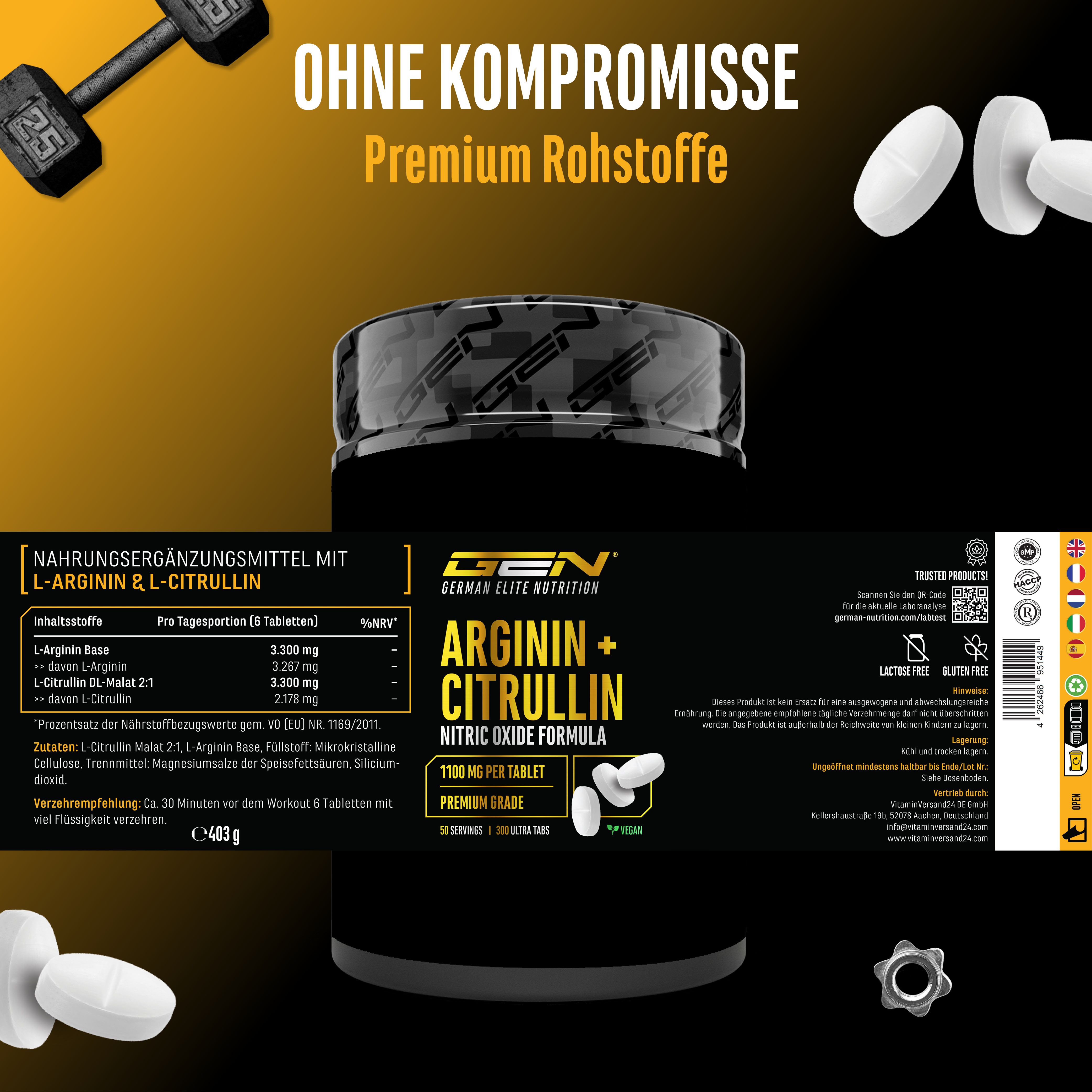 Dose mit Etikett: GEN ARGININ + CITRULLIN. Nahrungsergänzungsmittel mit L-Arginin & L-Citrullin. Enthält 483g. Mit Zertifizierungen und Logos.